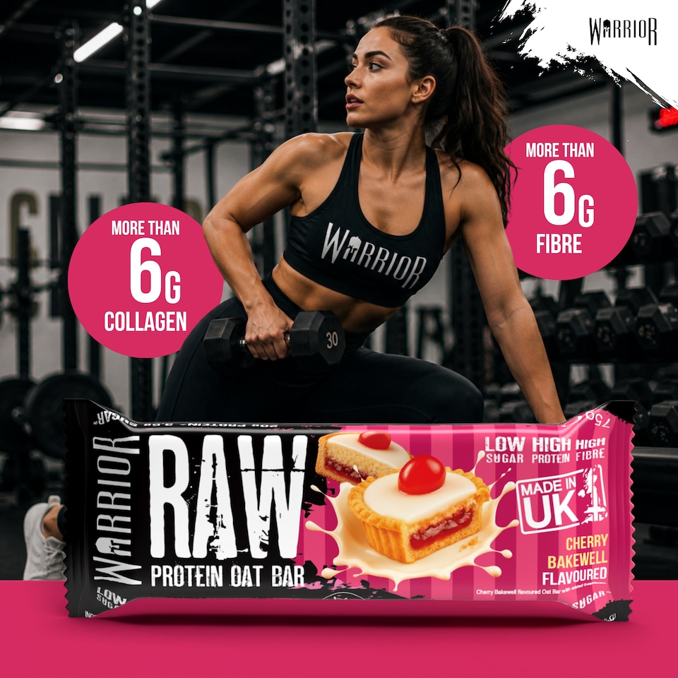 image 1 of Warrior RAW Protein Bars 12 x 75g – 20g High Protein Bar, Low Sugar High Fibre Oat Protein Flapjack – Protein Snacks, Meal Replacement Bars (Cherry Bakewell)
