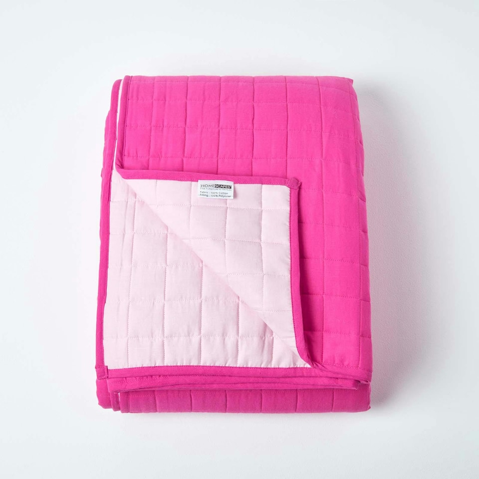 image 1 of Homescapes Cotton Quilted Reversible Bedspread Pink and Cerise - 150 x 200 cm | Pink | 1