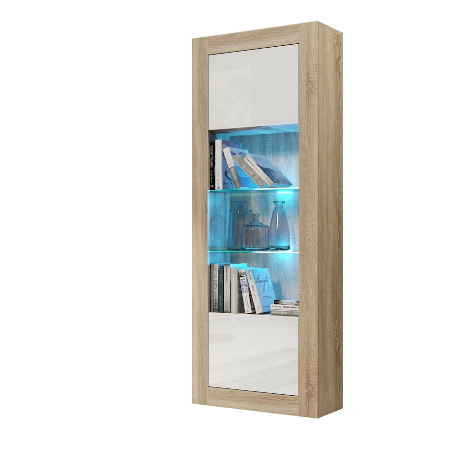 image 1 of Display Cabinet Bookcase Sideboard Storage Cabinet Cupboard Oak White High Gloss LED 170cm