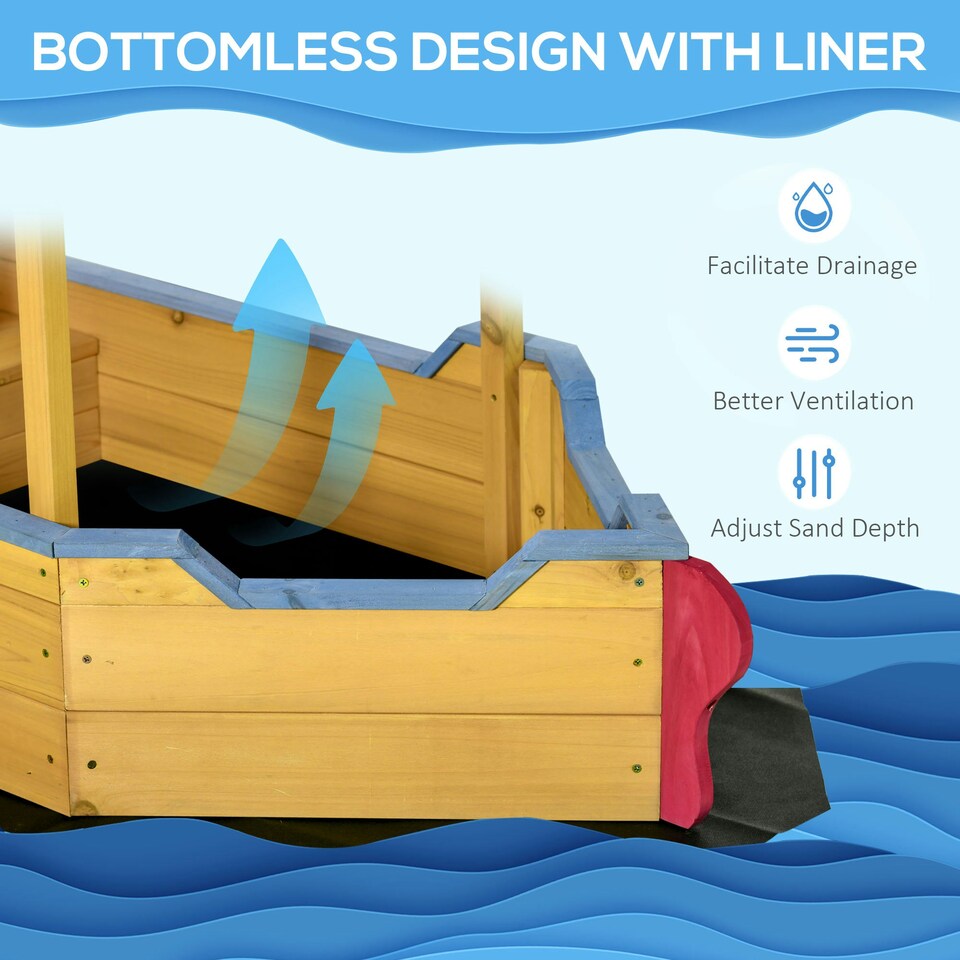 image 1 of Outsunny Kids Wooden Sand Pit Sandbox Pirate Sandboat Outdoor w/ Canopy Shade