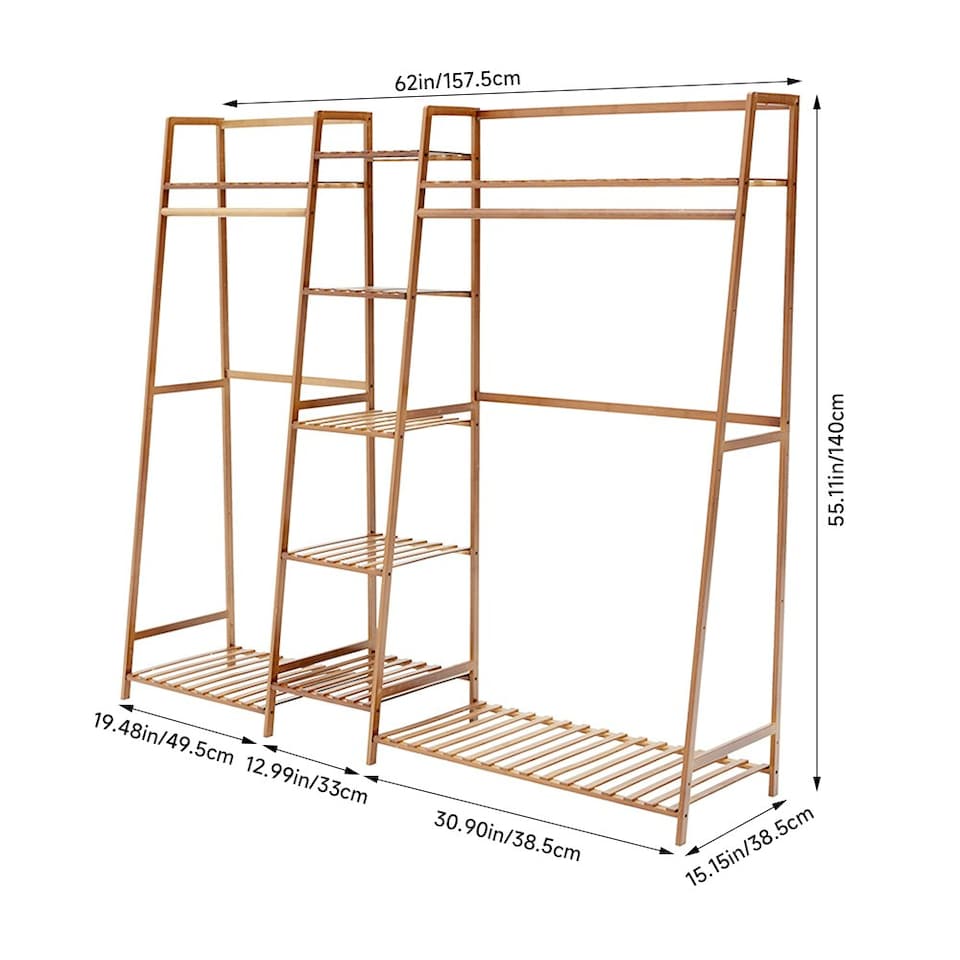 image 1 of Living and Home Trapezoid Bamboo Garment Rack with Tiered Storage Shelves | Brown