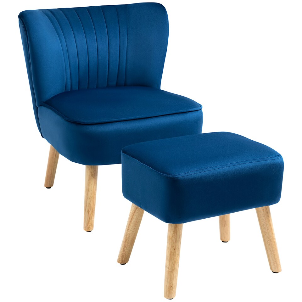 image 1 of HOMCOM Velvet-Feel Accent Chair w/ Ottoman Tub Seat Padding Wood Legs Dark Blue