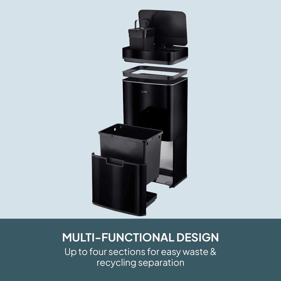 image 1 of Cooks Professional Recycling Sensor Bin 75L with Dual Compartments & Food Caddy | Black | Black