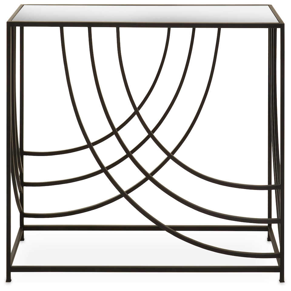 image 1 of Interiors by Premier Mirrored Glass Top Console Table, Sleek Black Industrial Iron Frame with Curved Side Detailing Gold