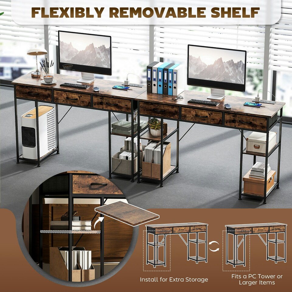 image 1 of HOMCOM Computer Writing Desk with Power Outlets, Drawers, Shelves, Brown Brown | Rustic Brown