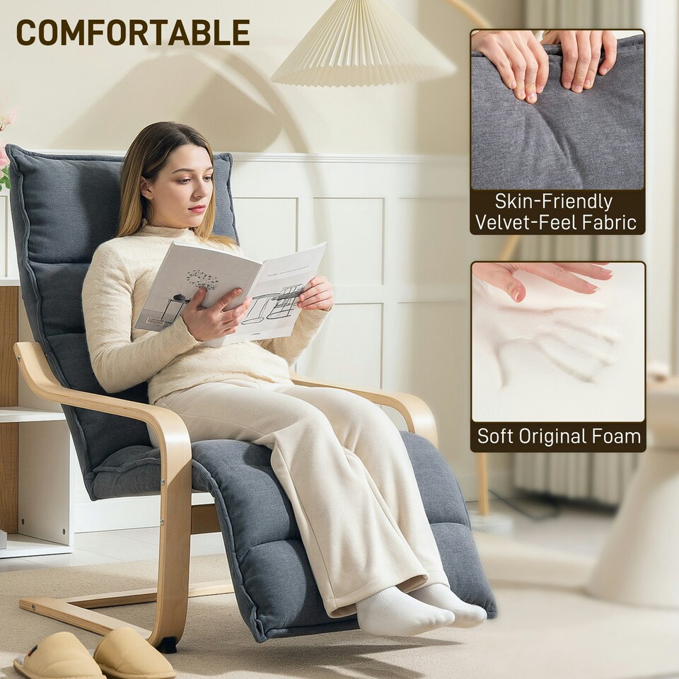 image 1 of HOMCOM Birch Wood Lounge Chair for Living Room, Bedroom Grey | Natural Birch