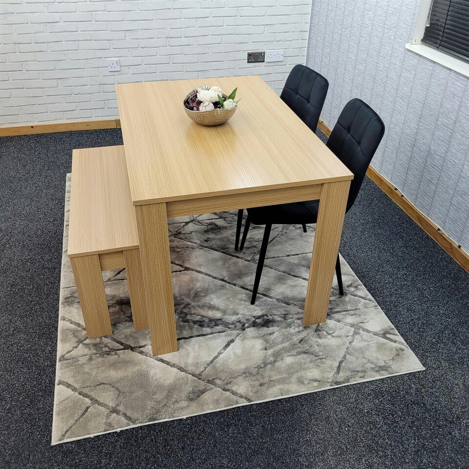 image 1 of Modern Grey Dining Table Set with 2 Black Velvet Chairs And 1 Bench Dining Room Furniture | Black | One Size | 4