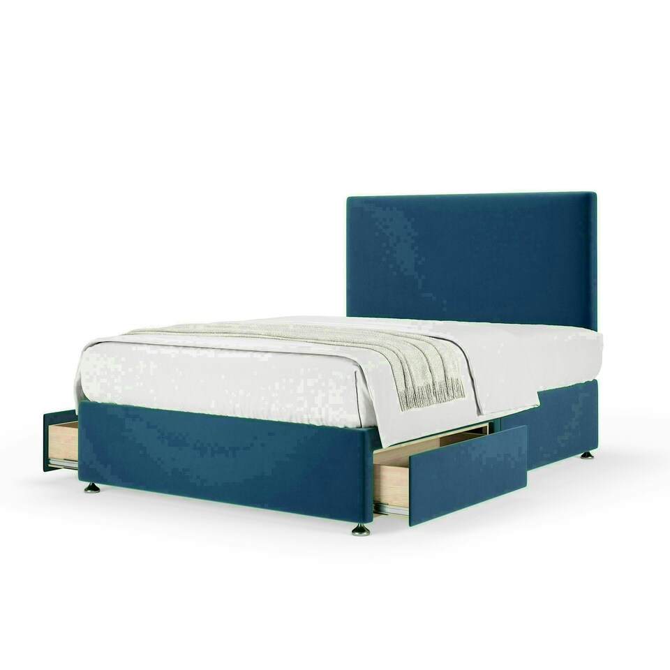 Marine Blue Plush Velvet 2 Drawer Divan Base and Valencia Headboard Single