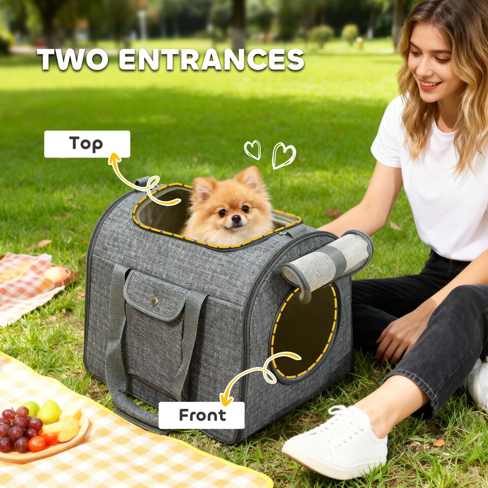image 1 of PawHut Soft Sided Cat Carrier Bag, Foldable Portable Pet Carrier for Small Dog, Puppy, Cats Up to 10kg, with Adjustable Shoulder Strap & Removable Mat, Collapsible Cat Basket Airline Approved