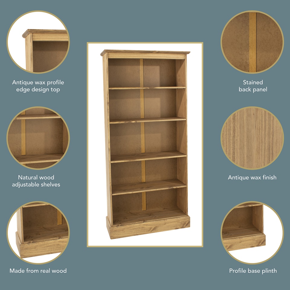 image 1 of Cotswold Tall 5-Shelf Bookcase - Antique Wax Finish with Pine Construction and Chunky Top | Brown | Antique Wax | One Size | 1