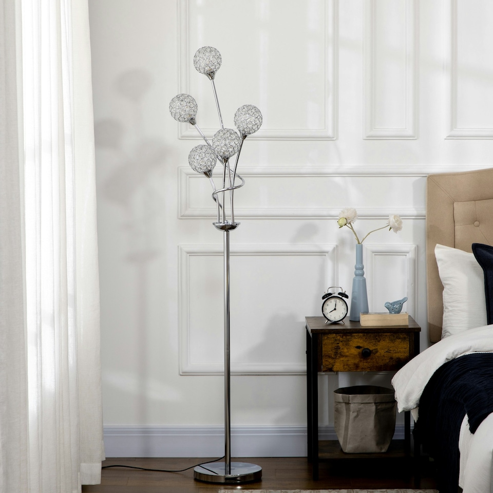 image 1 of HOMCOM Modern Floor Lamp w/ K9 Crystal Shade, 5 Light, for Living Room, Silver