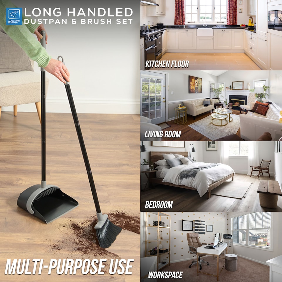image 1 of Long Handled Dustpan and Brush Set Reduce Bending Tall Lobby Dustpan and Sweeping Brush