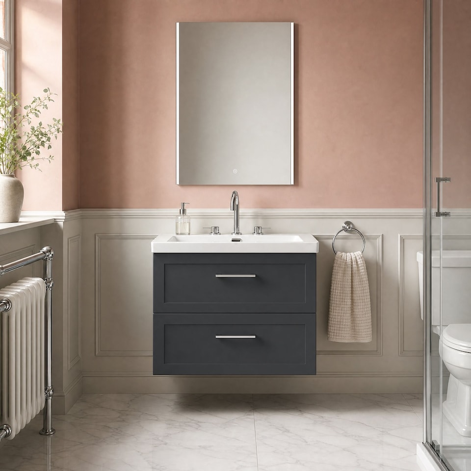 image 1 of Balterley Stonnall Traditional Wall Hung 2 Drawers Vanity Unit with 3 Tap Hole Fireclay Basin, 800mm, Dark Grey