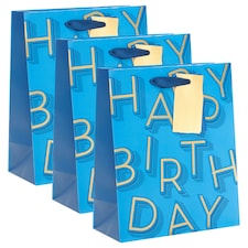 Multipack of 3 Medium Gift Bags | Party Bags for Presents | Birthdays | For Him/Friend | Blue & Gold Design