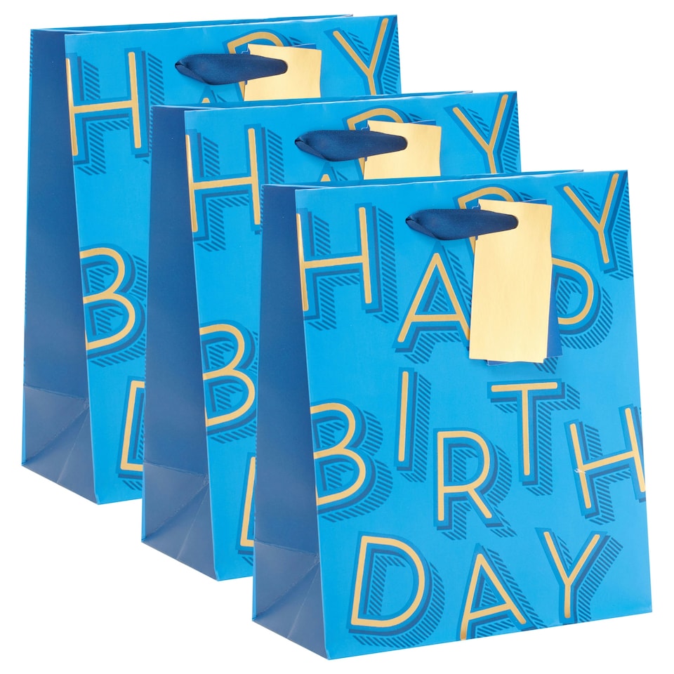 image 1 of Multipack of 3 Medium Gift Bags | Party Bags for Presents | Birthdays | For Him/Friend | Blue & Gold Design