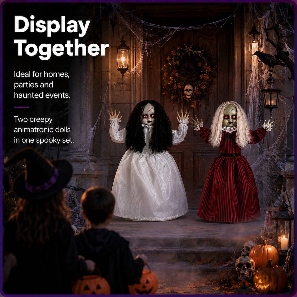 image 1 of Adult Halloween Animated Jumping & Walking Dolls Spooky Party Decoration Prop Pair Set of 2