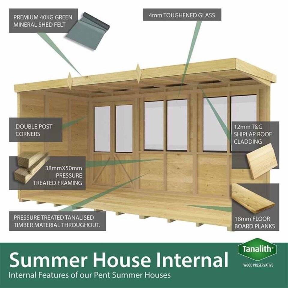 image 1 of 12ft x 7ft Pent Summer House - Wood - L214 x W358 x H201 cm Brown
