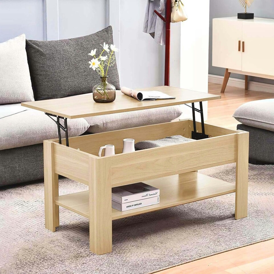 image 1 of Oak High Gloss Lift Top Storage Coffee Table Brown | Oak