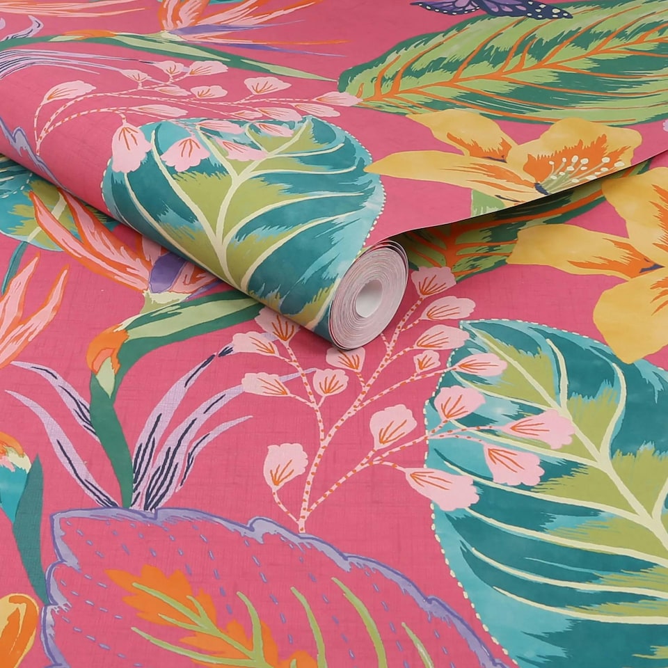 image 1 of Envy Eden Hot Pink Wallpaper Pink | Green