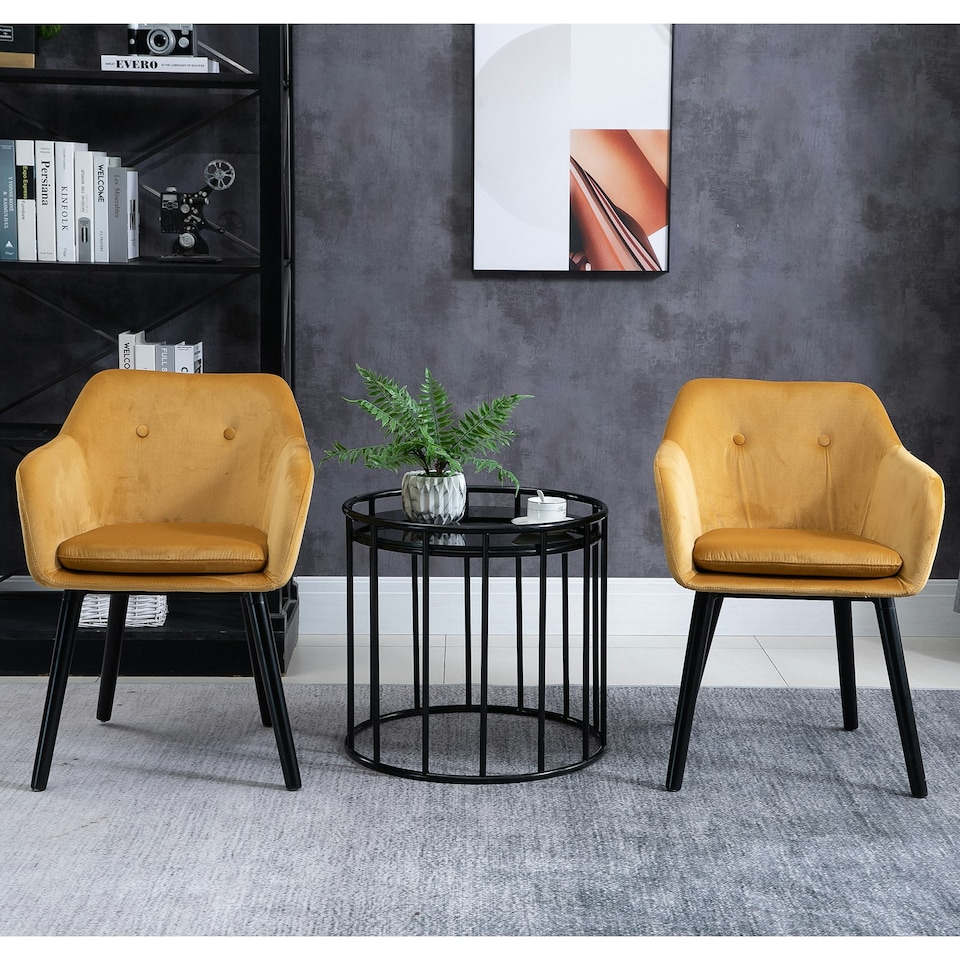 image 1 of HOMCOM Upholstered Velvet Fabric Bucket Seat Dining Armchair Set of 2 Yellow