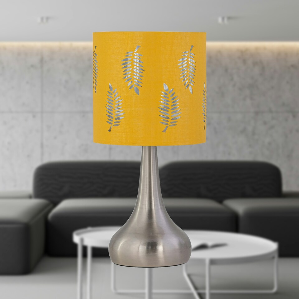 image 1 of Set of 2 Romana - Brushed Chrome Touch Operated Table Lamps Bedside Lights Ochre Fern Shade Silver | Yellow