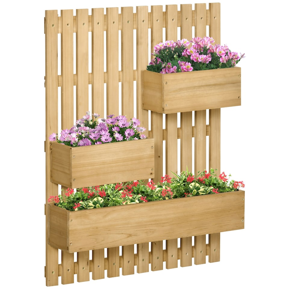 image 1 of Outsunny Wooden Garden Planters with Trellis Wall-mounted Raised Bed