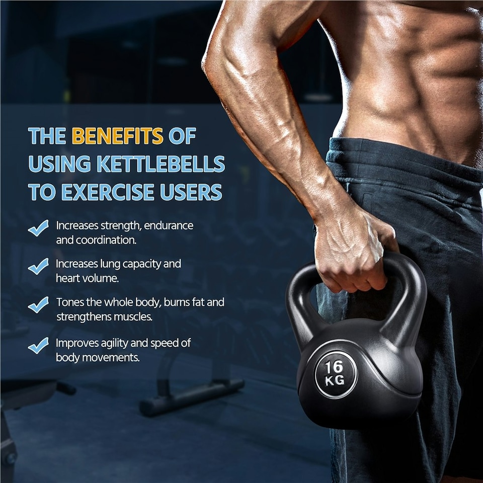 image 1 of Yaheetech 16kg HDPE Coated Kettlebell with Ergonomic Handle | Black | 16