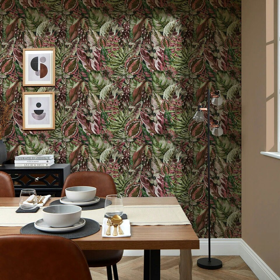image 1 of Jungle Fever Wallpaper in Pink and Green Multi