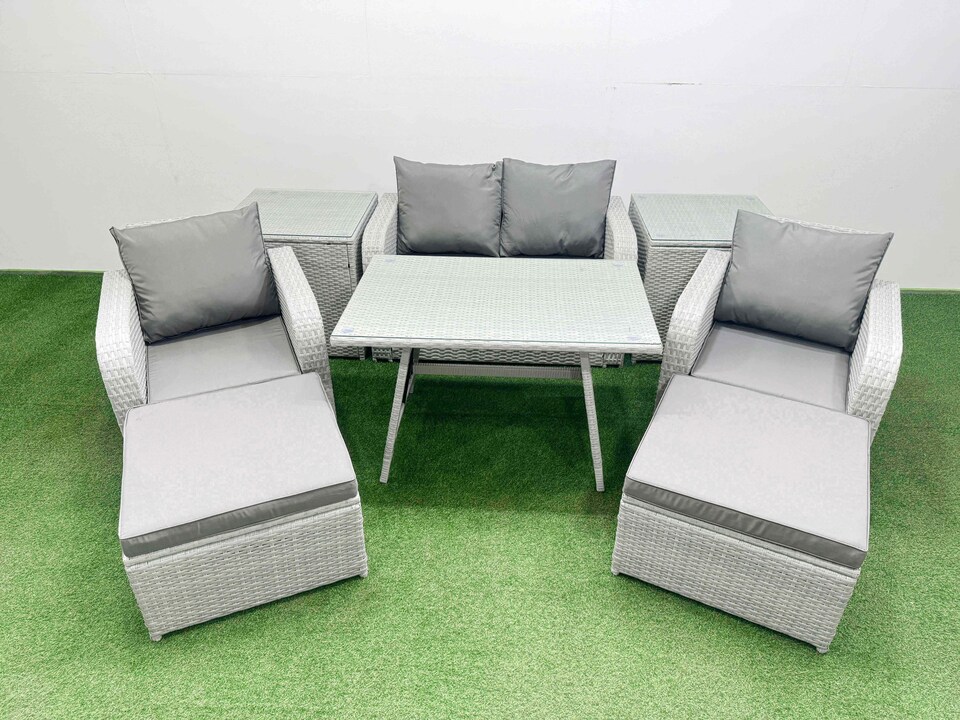 image 1 of Fimous Light Grey PE Wicker Rattan Garden Furniture Set Sofa Set Reclining Chair Love Sofa Rectangular Dining Table 2 Big Stools 2 Side Tables