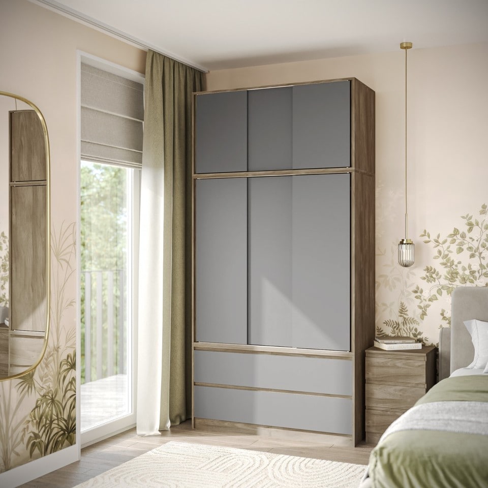 image 1 of 120cm 3 Sliding Doors Children Kids Wardrobe Bedroom Storage Closet Hanging Rail | Multi | Oak with Grey Doors | 1