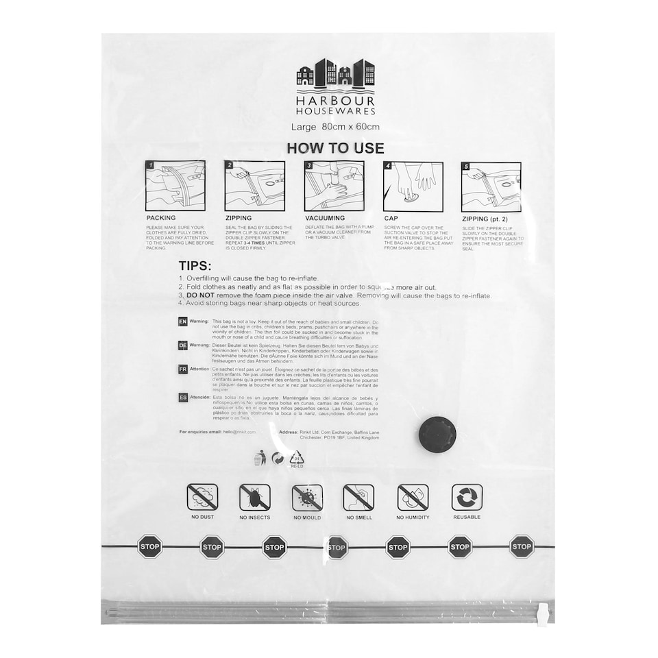 image 1 of Harbour Housewares 15x Vacuum Storage Bags Set - 3 Sizes - Reusable Clothes Suction Space Saver Organiser Zip Lock Luggage Bag | White | White | One Size | 15