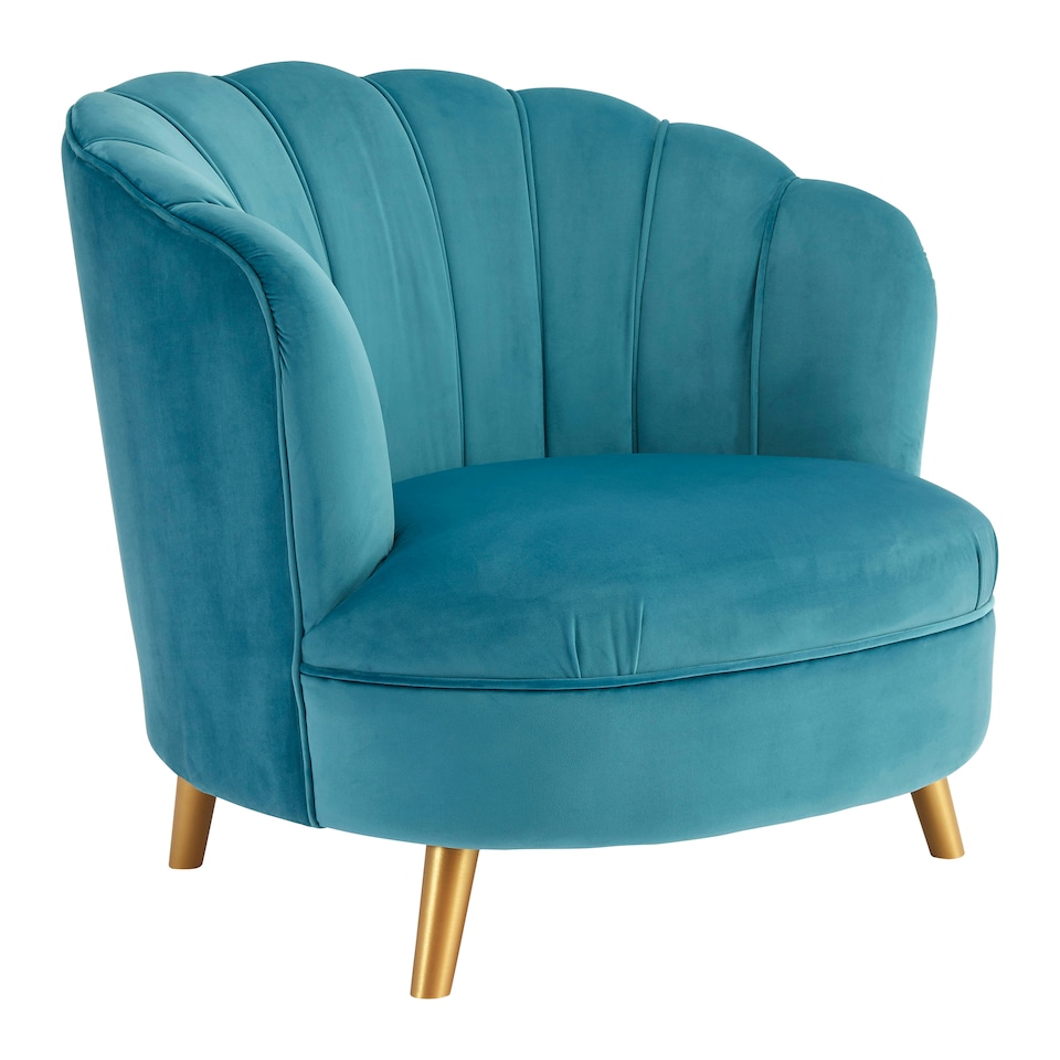 image 1 of Interiors by Premier Blue Velvet Scalloped Armchair, Supportive Armrest Lounge Chair, Easy to Clean Velvet Accent Chair