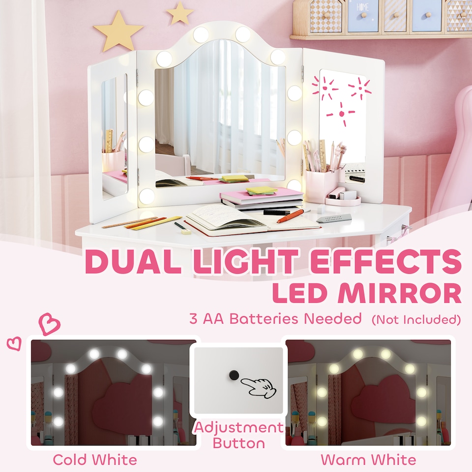 image 1 of AIYAPLAY Kids Vanity Table and Stool with Lights, Tri-Folding Mirror, White