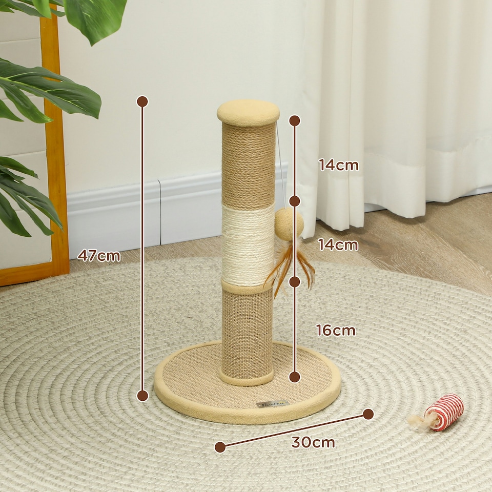 image 1 of PawHut Cat Scratching Post with Jute Sisal Rope Toy Ball, 47cm, Tall Brown