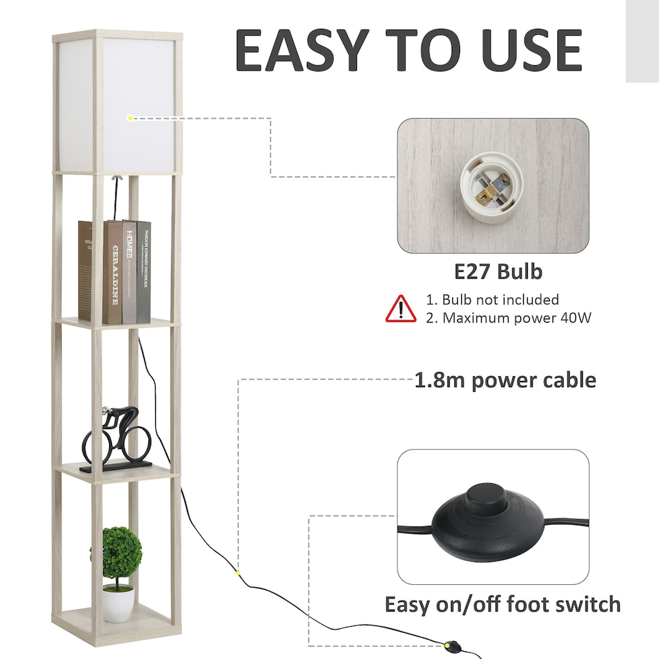 image 1 of HOMCOM Floor Lamp Reading Lamp with 3-Tier Storage Shelf for Home Office Oak