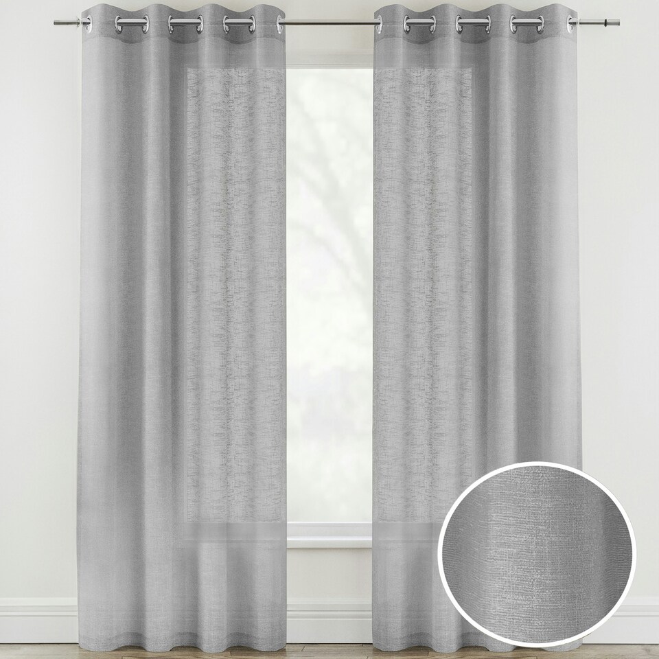 image 1 of Pair of Crete Silver Linen Look Voile Panels 229 cm (90 inch) Eyelet Panels for Bedroom and Living Room