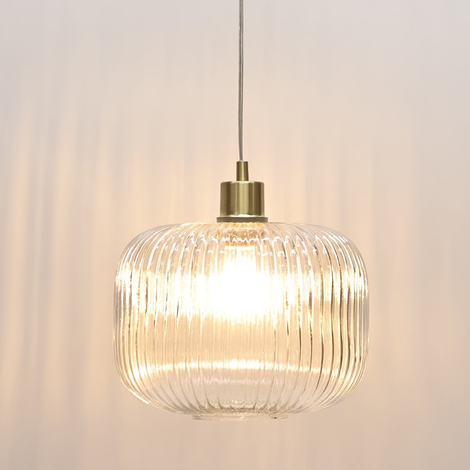 image 1 of Set of 2 Batley Large - Clear Ribbed Glass with Satin Brass Pendants | Clear | Clear ribbed glass with satin brass plate detail | Small | 2