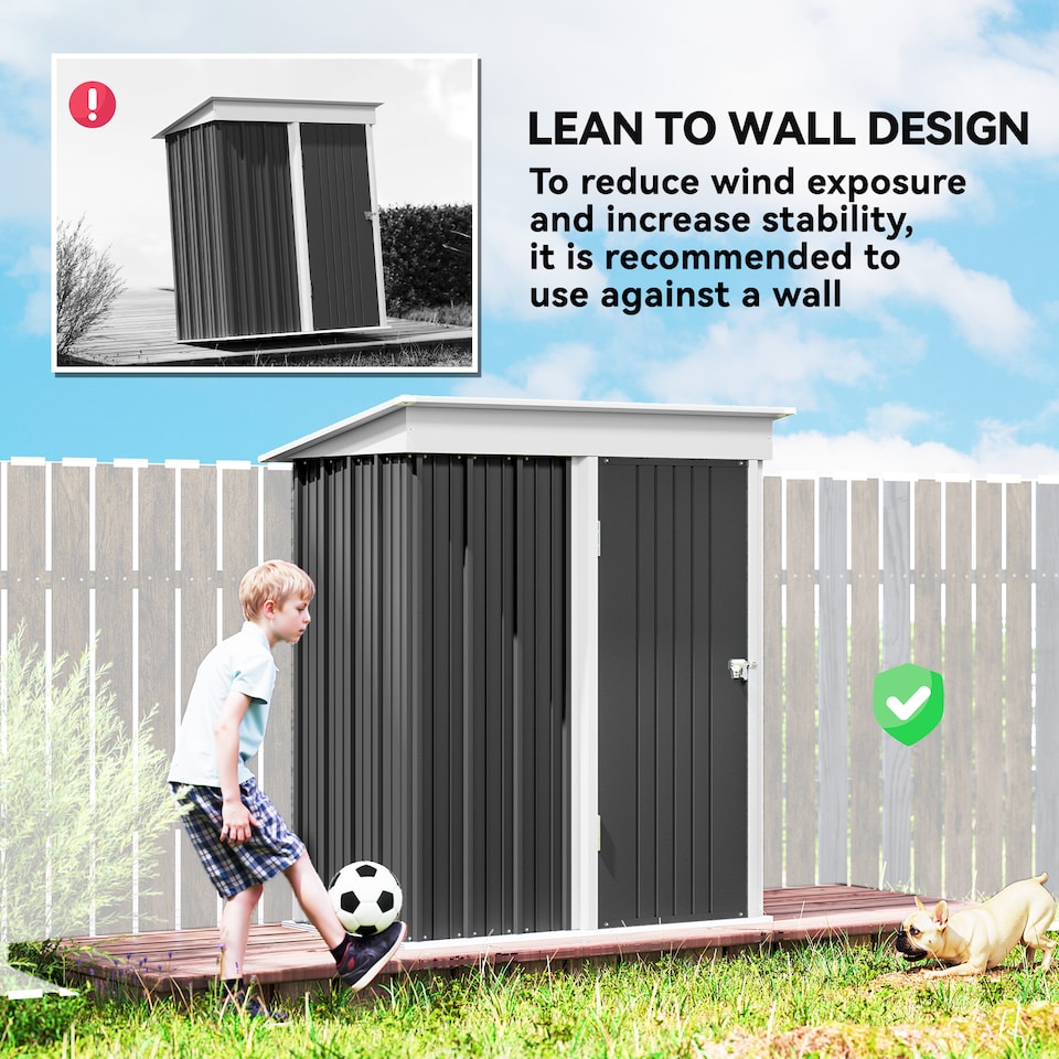 image 1 of Outsunny 5x3ft Garden Shed, Steel Small Shed, Outdoor Leanto Shed with Adjustable Shelf, Lock and Gloves for Patio, Garden, Dark Grey with Foundation Kit