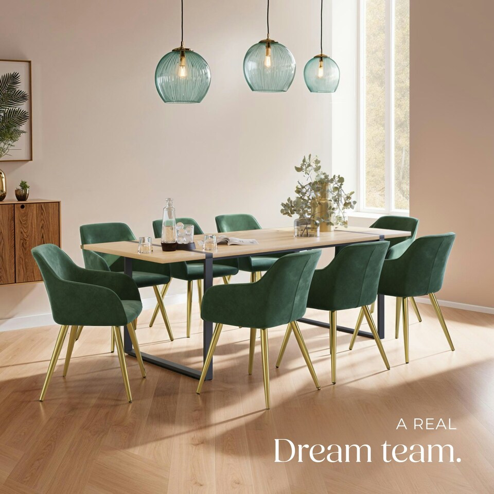 image 1 of Chair Marilyn - with armrests, padded, velvet look, golden steel legs - Set of 4 Green | Dark Green/Gold