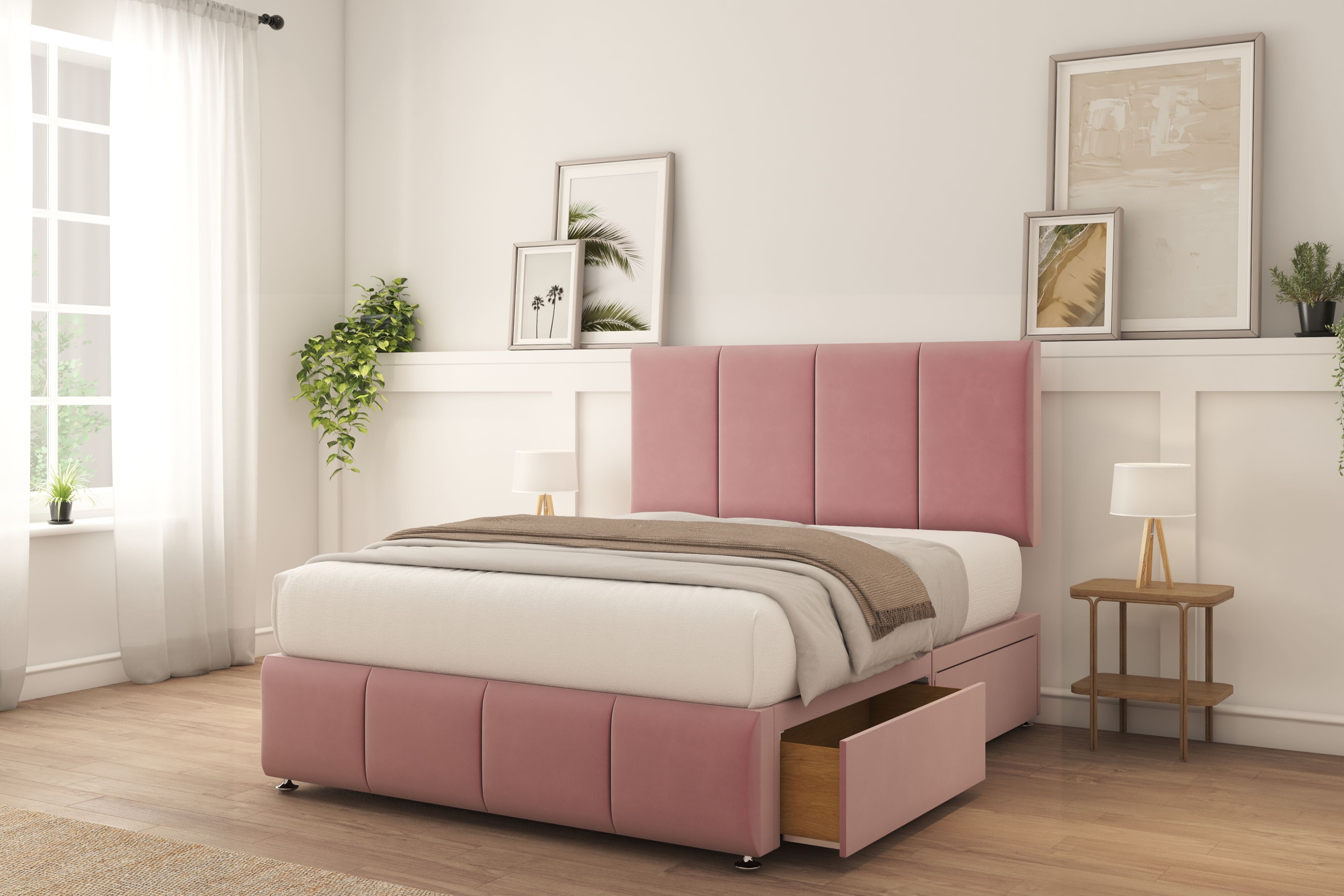 Sloomy Lisbon Pink Plush Divan Bed With Mattress 4 Drawers 26" Strutted Headboard & 12" Footboard 4'6 Double