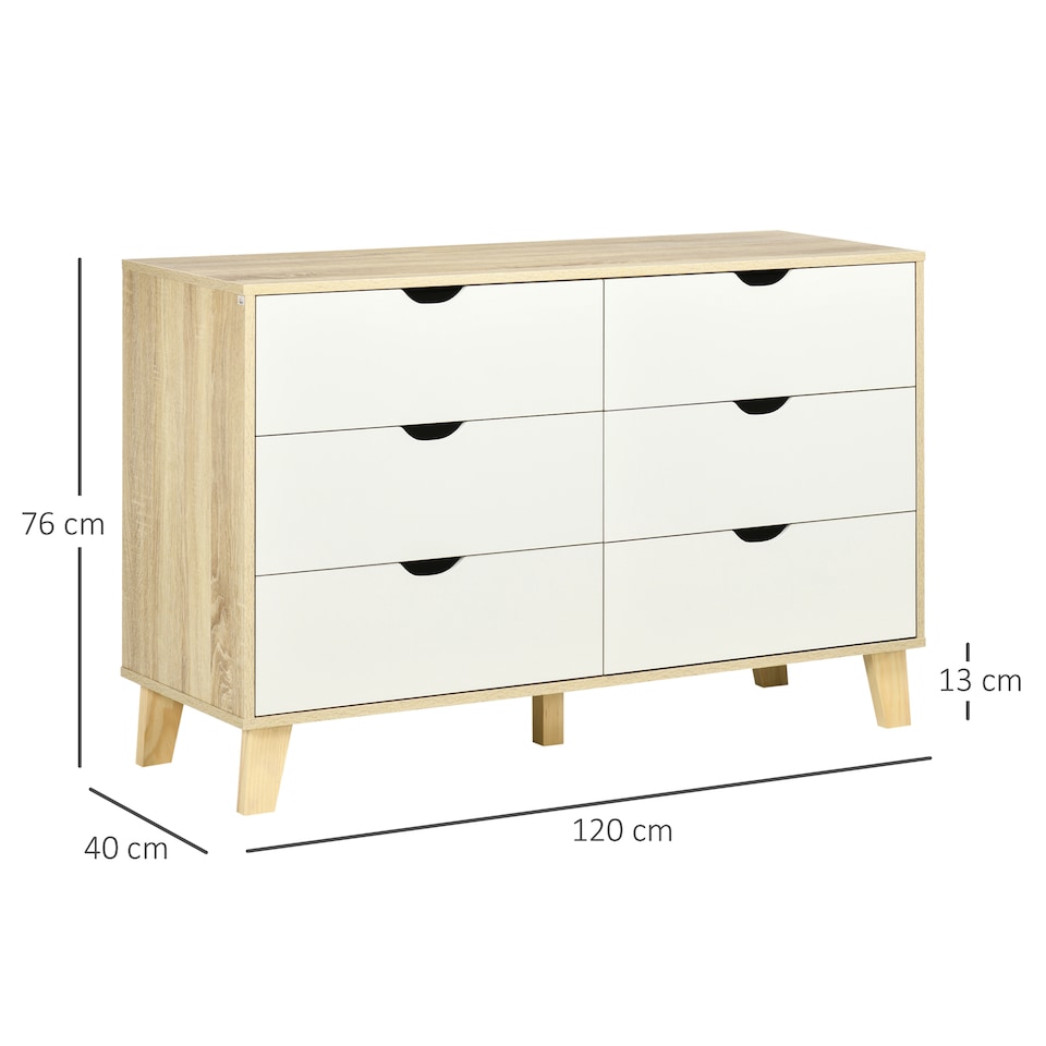 image 1 of HOMCOM Bedroom Chest of Drawers, Wide 6-Drawer Dresser, Storage Drawer Unit with Wood Legs for Living Room, White and Light Brown