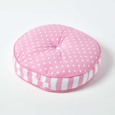 Homescapes Pink Polka Dots & Stripes Round Floor Cushion | Pink | 43 x 7 cm
