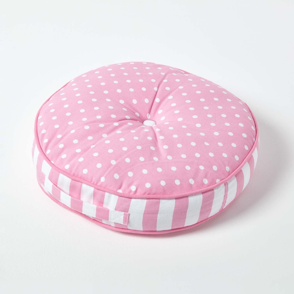 image 1 of Homescapes Pink Polka Dots & Stripes Round Floor Cushion | Pink | 43 x 7 cm