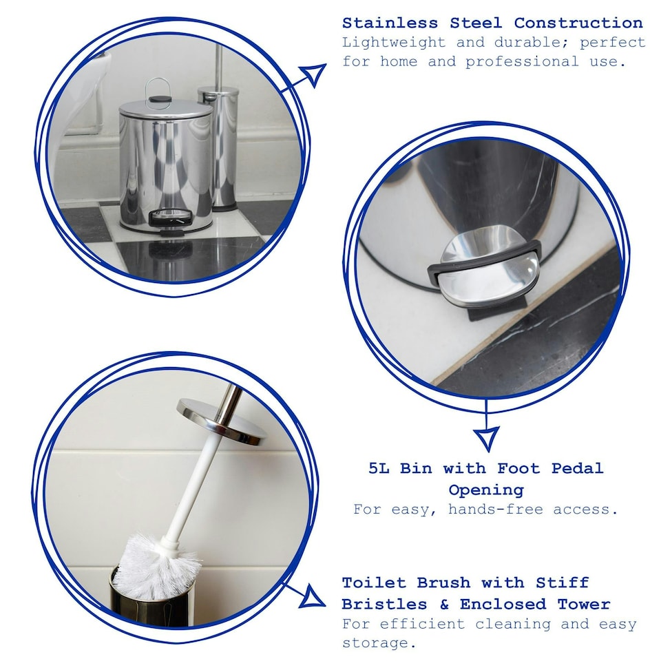 image 1 of Harbour Housewares 2pc Round Stainless Steel Pedal Bin & Toilet Brush Set - 5L - Black