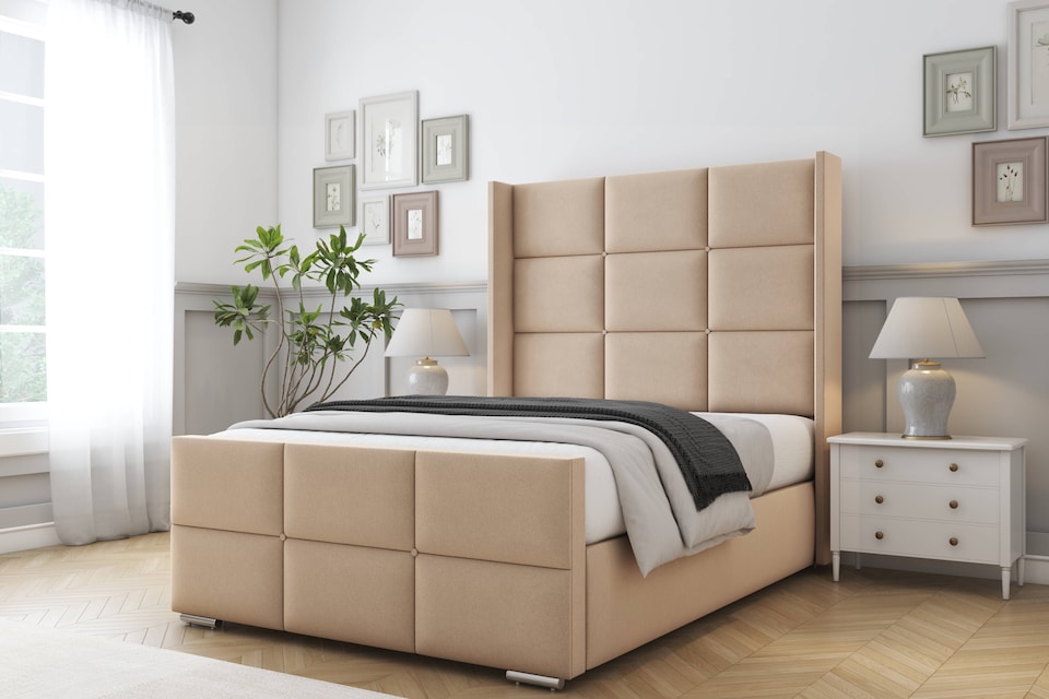 image 1 of Sloomy Beaumont Pebble Plush Bed Frame With Mattress With 50"  Upholstered Wingback Headboard 3' Single