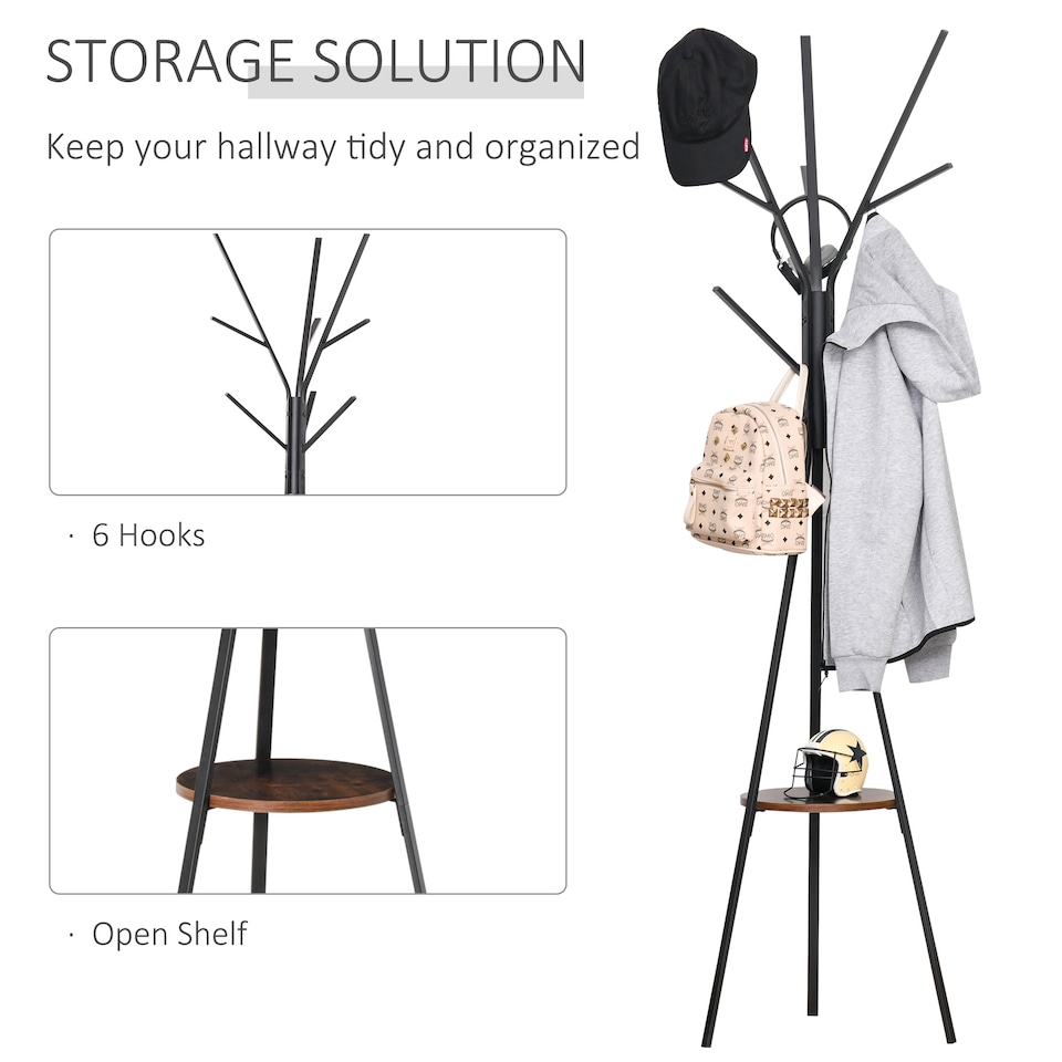image 1 of HOMCOM Freestanding Metal Coat Rack Stand 9 Hooks Clothes Tree with 1 Shelf Hat Display Hall Tree Hanger Bag Umbrella Hanging Organiser Brown