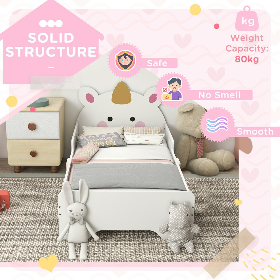 image 1 of ZONEKIZ Unicorn-Designed Toddler Bed, Kids Bedroom Furniture - White