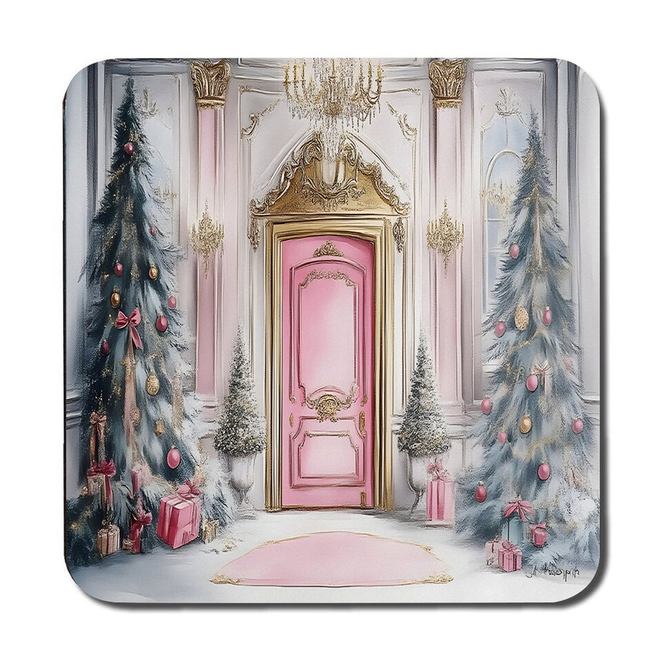 image 1 of Elegant Christmas Placemats And Coaster Set With Pink Door Scene