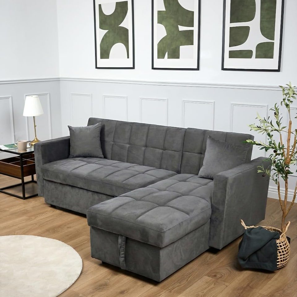 image 1 of Bargainia Milo 3 Seater Velvet Corner Sofa Bed Living Room