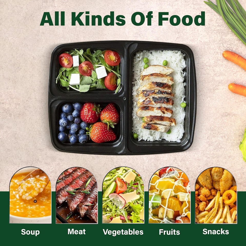 image 1 of 34oz Black 3 Compartment Meal Prep Containers With Lid Plastic Microwave Safe Food Storage Box 20pc